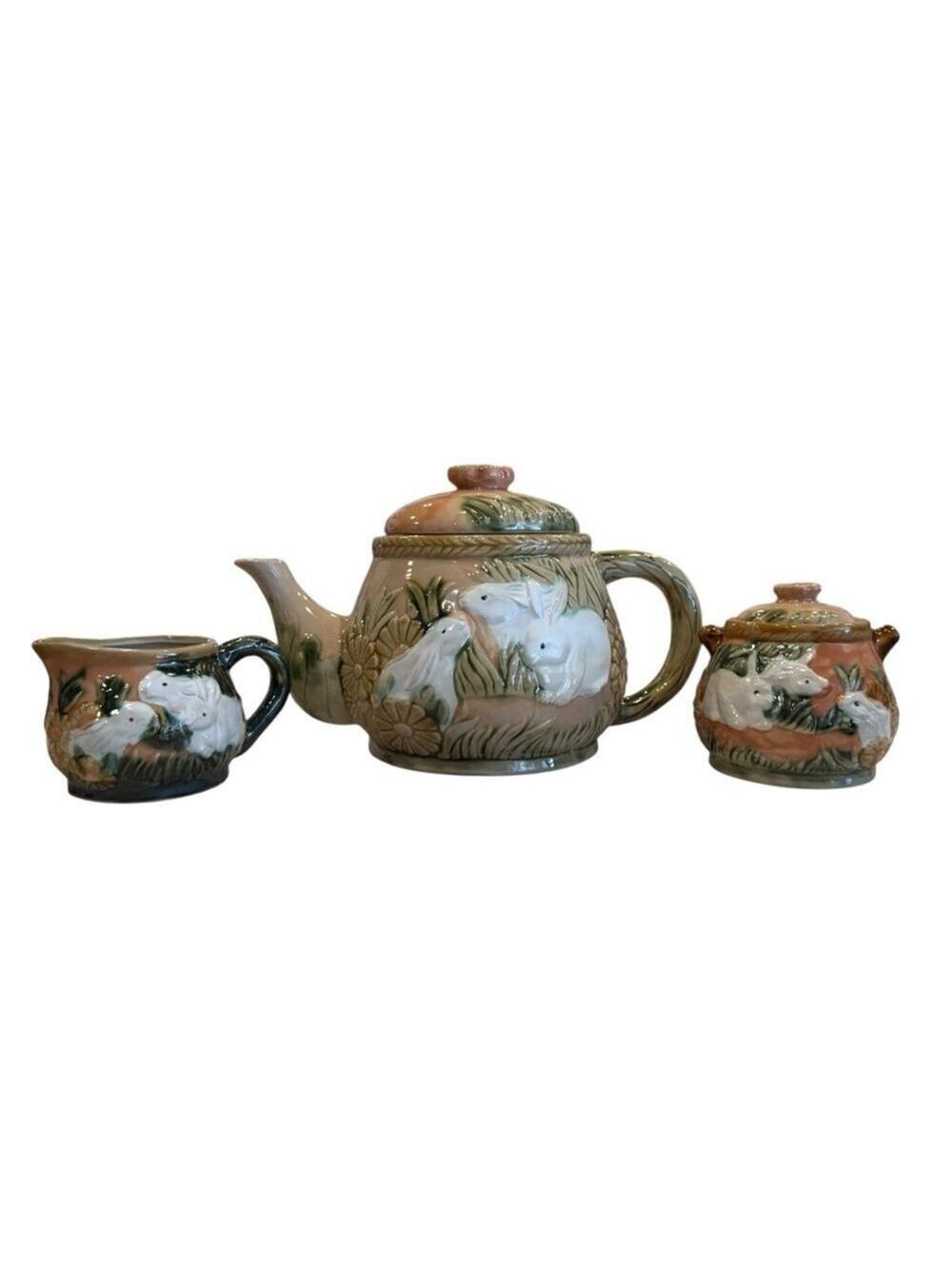 Vintage Henriksen‎ Imports Bunny Rabbit Tea Set Teapot Creamer Sugar Bowl